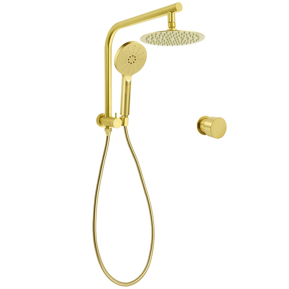 WELS Brushed Gold Round Twin Shower Head Set Stainless Steel Handheld Gooseneck Arm Wall Mixer - Furniture > Bathroom > Shower Heads & Screens - Rivercity House & Home Co. (ABN 18 642 972 209) - Affordable Modern Furniture Australia