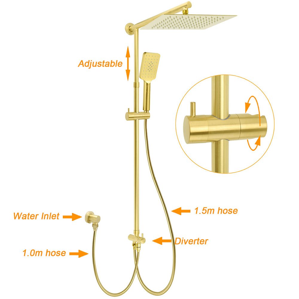 WELS Brushed Gold Square 12" Rainfall Head 3 Modes Handheld Sliding Rail Wall Mixer 2in1 Shower Set - Furniture > Bathroom > Shower Heads & Screens - Rivercity House & Home Co. (ABN 18 642 972 209) - Affordable Modern Furniture Australia