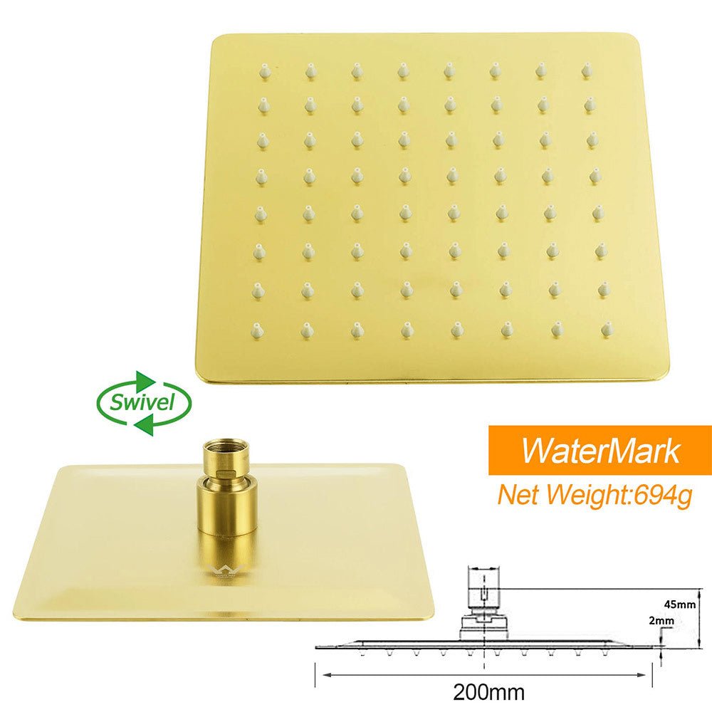 WELS Brushed Gold Square 8" Rain Shower Head 3 Mode Handheld Sliding Rail Arm Dual Mixer Set - Furniture > Bathroom > Shower Heads & Screens - Rivercity House & Home Co. (ABN 18 642 972 209) - Affordable Modern Furniture Australia