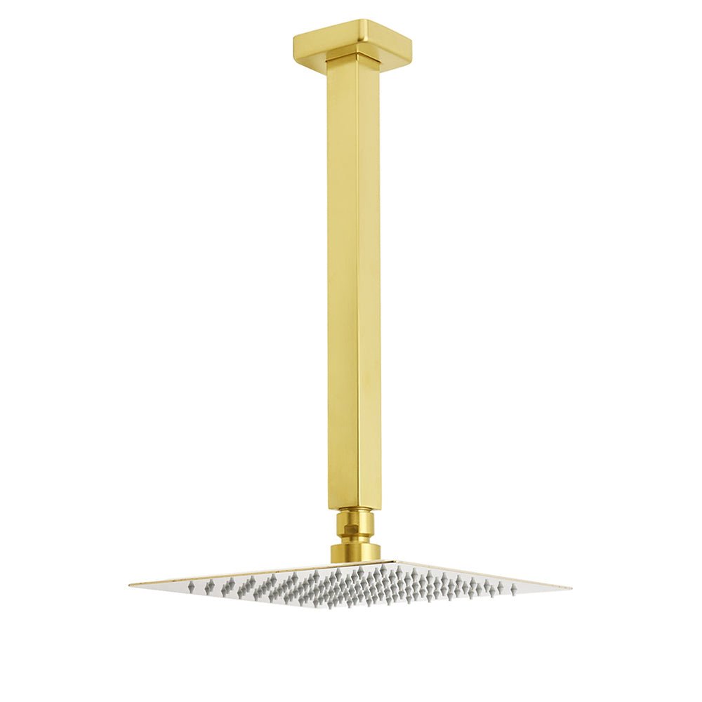 WELS Brushed Gold Square 8" Rain Shower Head 300mm Brass Ceiling Dropper Arm Set - Furniture > Bathroom > Shower Heads & Screens - Rivercity House & Home Co. (ABN 18 642 972 209) - Affordable Modern Furniture Australia