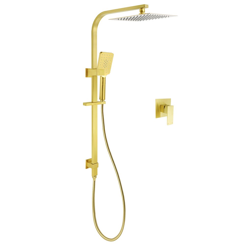 WELS Brushed Gold Square Shower 10" Large Rain Head Handheld Silde Rail Arm 2in1 Set + Mixer - Furniture > Bathroom > Shower Heads & Screens - Rivercity House & Home Co. (ABN 18 642 972 209) - Affordable Modern Furniture Australia