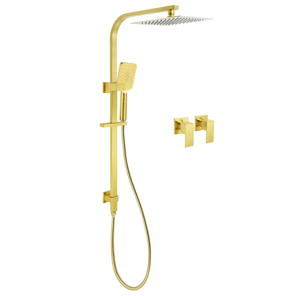 WELS Brushed Gold Square Shower 10" Thin Rain Head Handheld Silde Rail Arm 2in1 Taps Set - Furniture > Bathroom > Shower Heads & Screens - Rivercity House & Home Co. (ABN 18 642 972 209) - Affordable Modern Furniture Australia