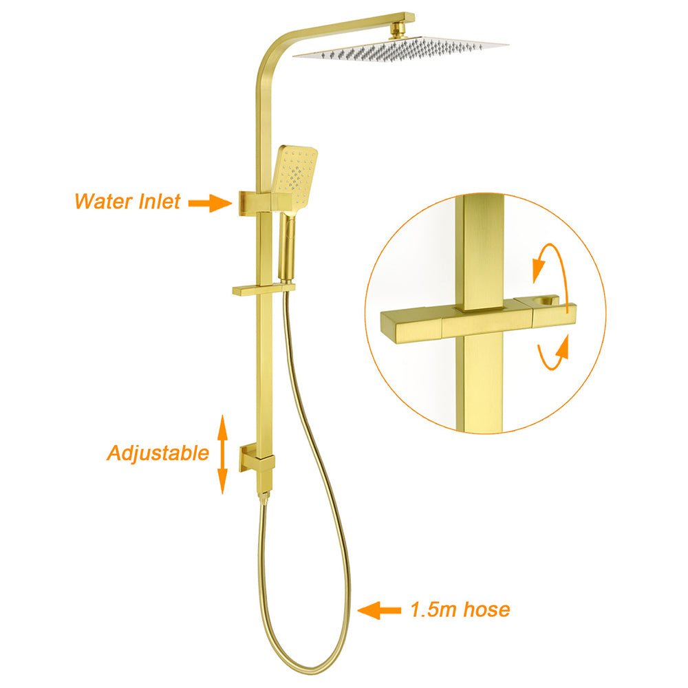 WELS Brushed Gold Square Shower 12" Large Rain Head Handheld Silde Rail Arm 2in1 Set - Furniture > Bathroom > Shower Heads & Screens - Rivercity House & Home Co. (ABN 18 642 972 209) - Affordable Modern Furniture Australia