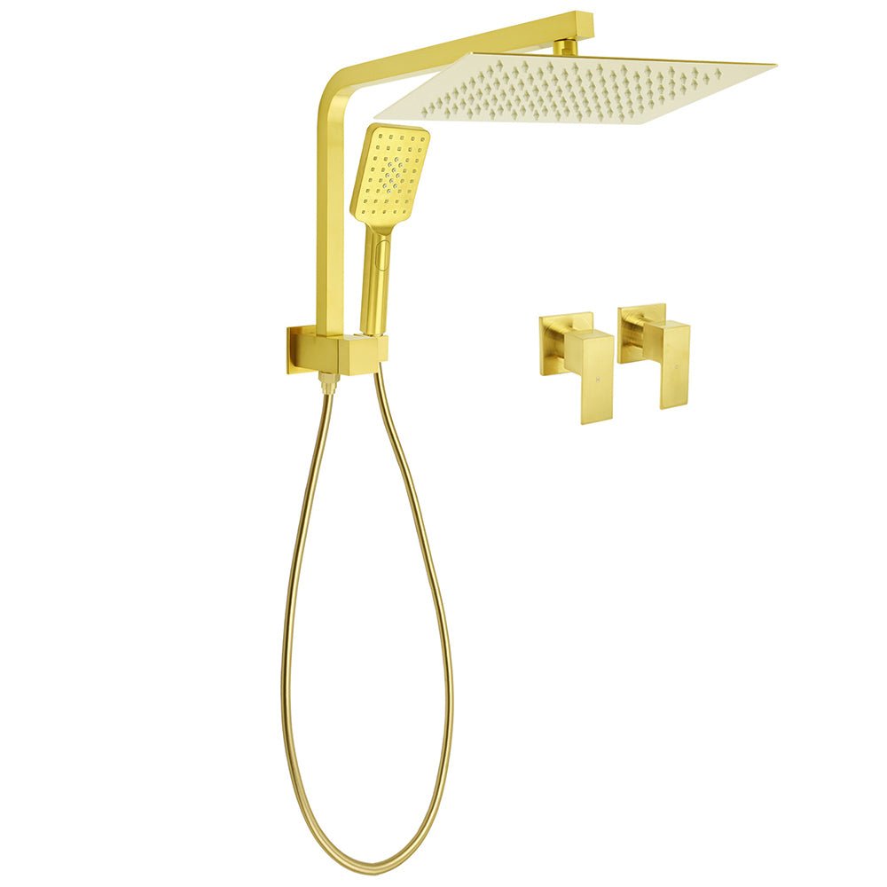 WELS Brushed Gold Twin Shower 12" Rain Head Handheld Diverter Wall Arm Set Square Taps - Furniture > Bathroom > Shower Heads & Screens - Rivercity House & Home Co. (ABN 18 642 972 209) - Affordable Modern Furniture Australia