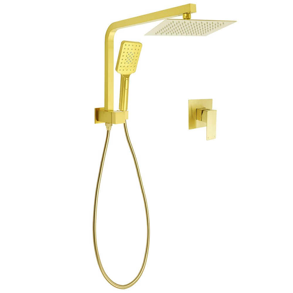 WELS Brushed Gold Twin Shower 8" Rain Head Handheld Diverter Wall Arm Square Mixer - Furniture > Bathroom > Shower Heads & Screens - Rivercity House & Home Co. (ABN 18 642 972 209) - Affordable Modern Furniture Australia