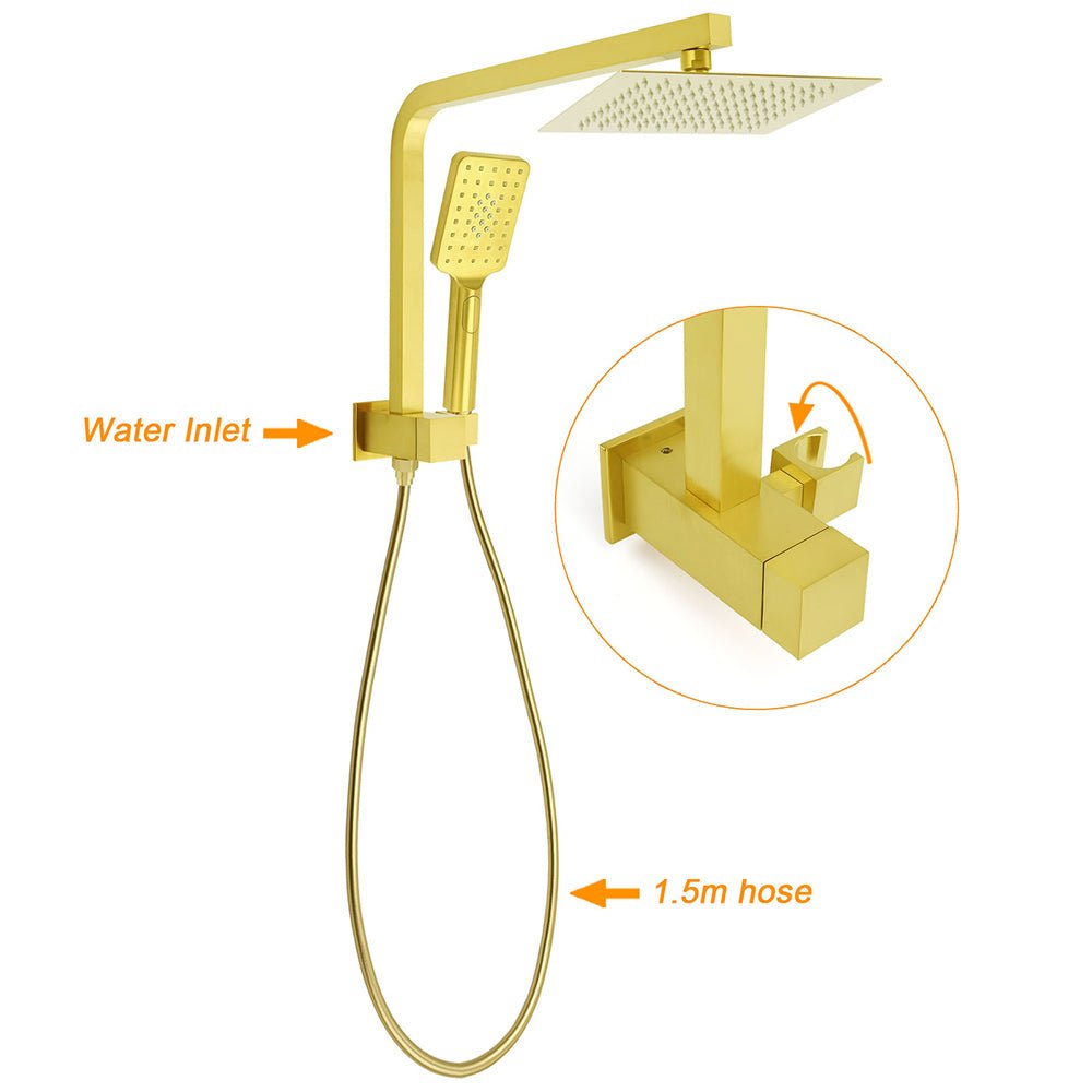 WELS Brushed Gold Twin Shower 8" Rain Head Handheld Diverter Wall Arm Square Taps - Furniture > Bathroom > Shower Heads & Screens - Rivercity House & Home Co. (ABN 18 642 972 209) - Affordable Modern Furniture Australia