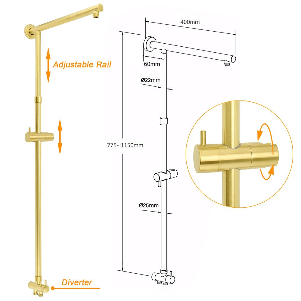 WELS Brushed Gold Twin Shower 8" Round Head Set 3 Mode Handheld Rose Sliding Rail Arm - Furniture > Bathroom > Shower Heads & Screens - Rivercity House & Home Co. (ABN 18 642 972 209) - Affordable Modern Furniture Australia