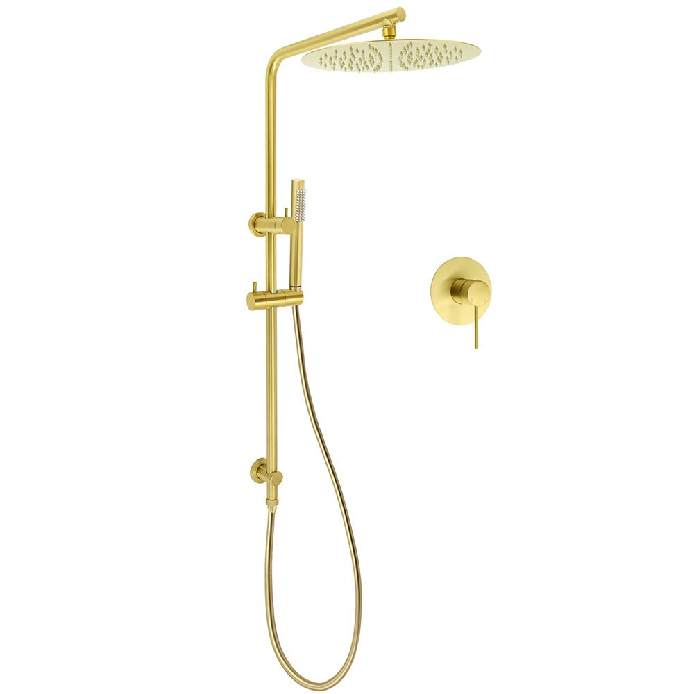 WELS Brushed Gold Twin Shower Large Round 12" Rain Head Handheld Rose Silde Wall Rail Arm Mixer - Furniture > Bathroom > Shower Heads & Screens - Rivercity House & Home Co. (ABN 18 642 972 209) - Affordable Modern Furniture Australia