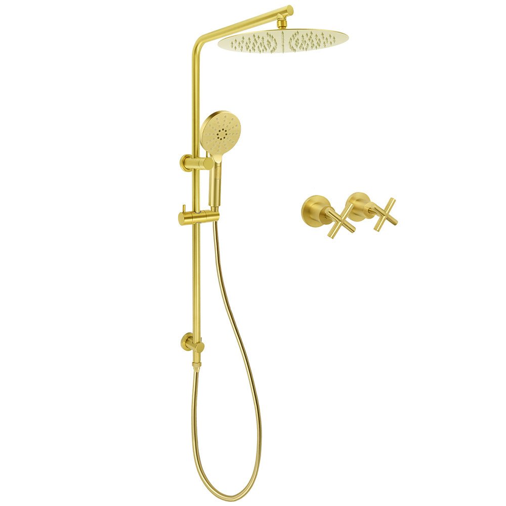 WELS Brushed Gold Twin Shower Large Round 12" Rain Head Handheld Silde Wall Rail Arm Stylish Mixer - Furniture > Bathroom > Shower Heads & Screens - Rivercity House & Home Co. (ABN 18 642 972 209) - Affordable Modern Furniture Australia