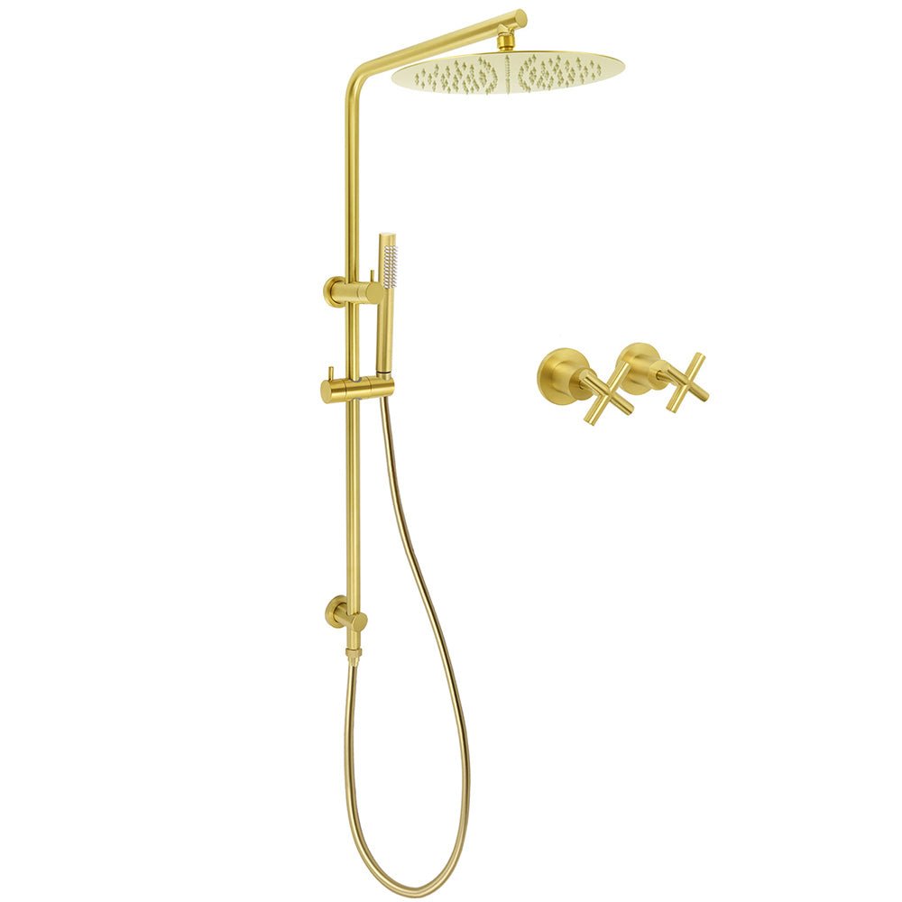 WELS Brushed Gold Twin Shower Large Round 12" Rain Head Metal Handheld Silde Wall Rail New Luxury Mixer - Furniture > Bathroom > Shower Heads & Screens - Rivercity House & Home Co. (ABN 18 642 972 209) - Affordable Modern Furniture Australia
