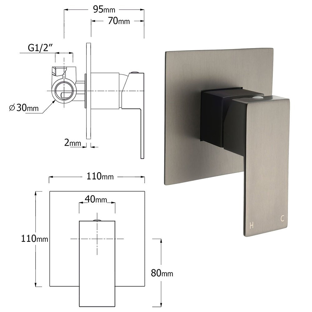 WELS Gun Metal 2in1 Shower Set Square 12" Rain Head 3 Modes Handheld Silde Rail Hot Cold Mixer - Furniture > Bathroom > Shower Heads & Screens - Rivercity House & Home Co. (ABN 18 642 972 209) - Affordable Modern Furniture Australia