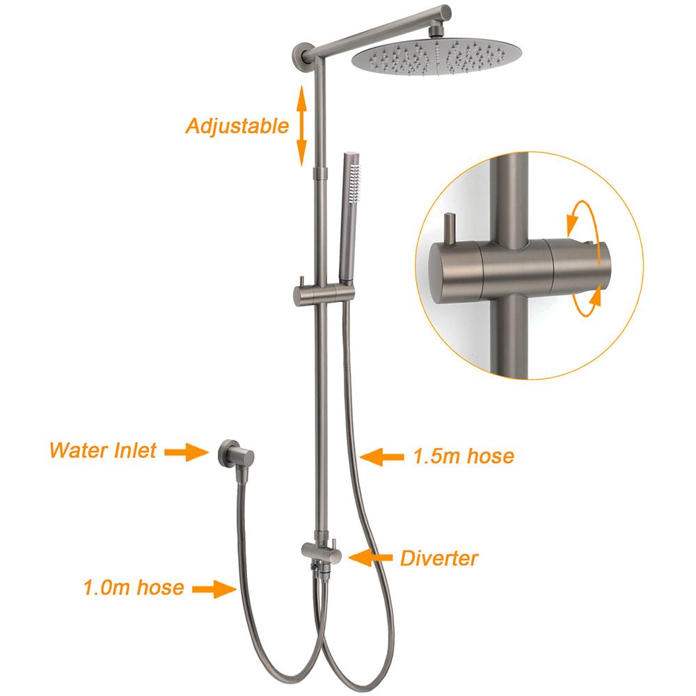 WELS Gun Metal Dual Round Shower 10" Rain Head Stainless Steel Handheld Sliding Rail Diverter Set - Furniture > Bathroom > Shower Heads & Screens - Rivercity House & Home Co. (ABN 18 642 972 209) - Affordable Modern Furniture Australia