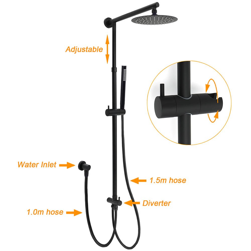 WELS Matt Black 2in1 Shower 8" Round Head Set 1 Mode Handheld Rose Sliding Rail Elbow Inlet - Furniture > Bathroom > Shower Heads & Screens - Rivercity House & Home Co. (ABN 18 642 972 209) - Affordable Modern Furniture Australia