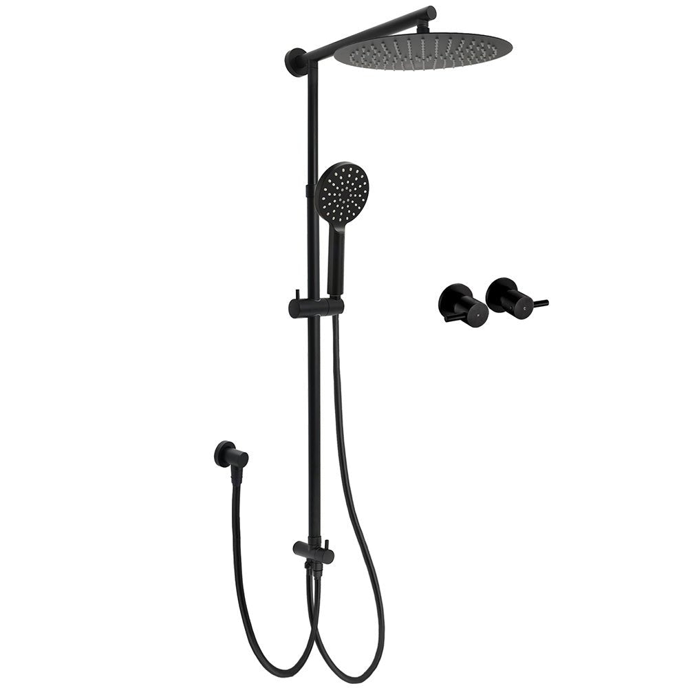 WELS Matt Black Dual 12" Round Shower Head Set Handheld Rail Wall Arm Elbow Inlet Twin Taps - Furniture > Bathroom > Shower Heads & Screens - Rivercity House & Home Co. (ABN 18 642 972 209) - Affordable Modern Furniture Australia