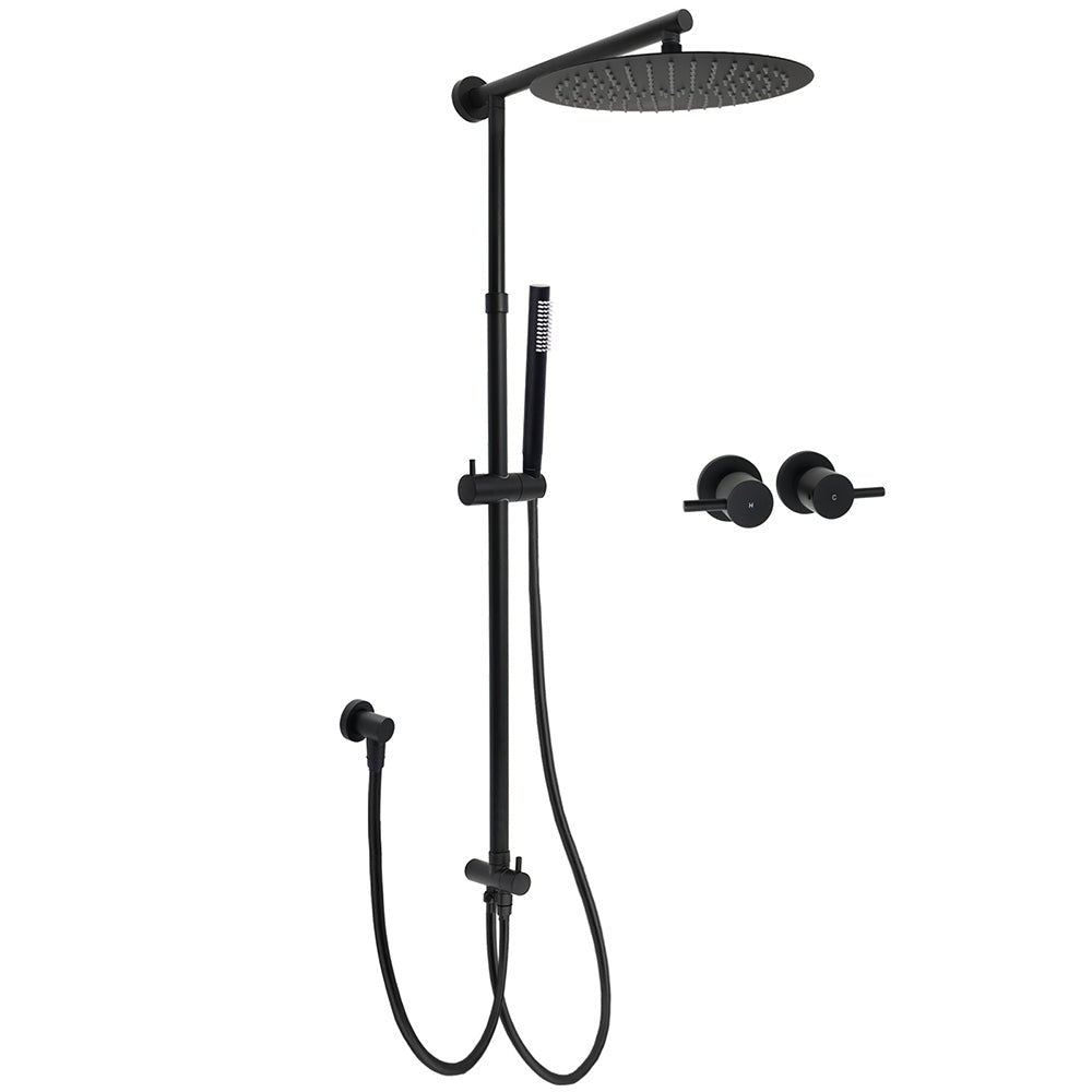 WELS Matt Black Dual 12" Round Shower Head Set Metal Handheld Rail Wall Arm Elbow Inlet Twin Taps - Furniture > Bathroom > Shower Heads & Screens - Rivercity House & Home Co. (ABN 18 642 972 209) - Affordable Modern Furniture Australia