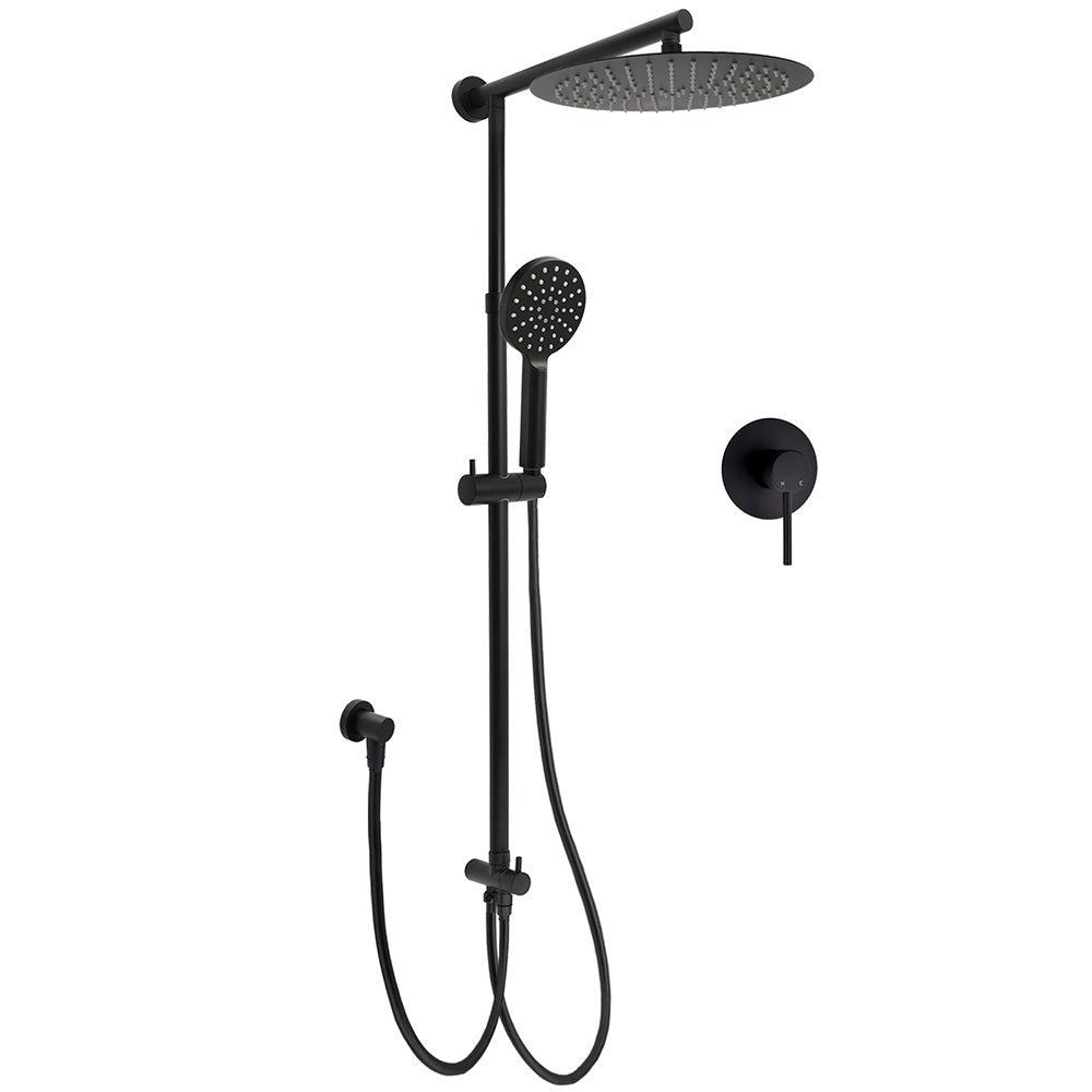 WELS Matt Black Twin Round 12" Shower Head Set Handheld Flexible Rail Wall Arm Mixer - Furniture > Bathroom > Shower Heads & Screens - Rivercity House & Home Co. (ABN 18 642 972 209) - Affordable Modern Furniture Australia