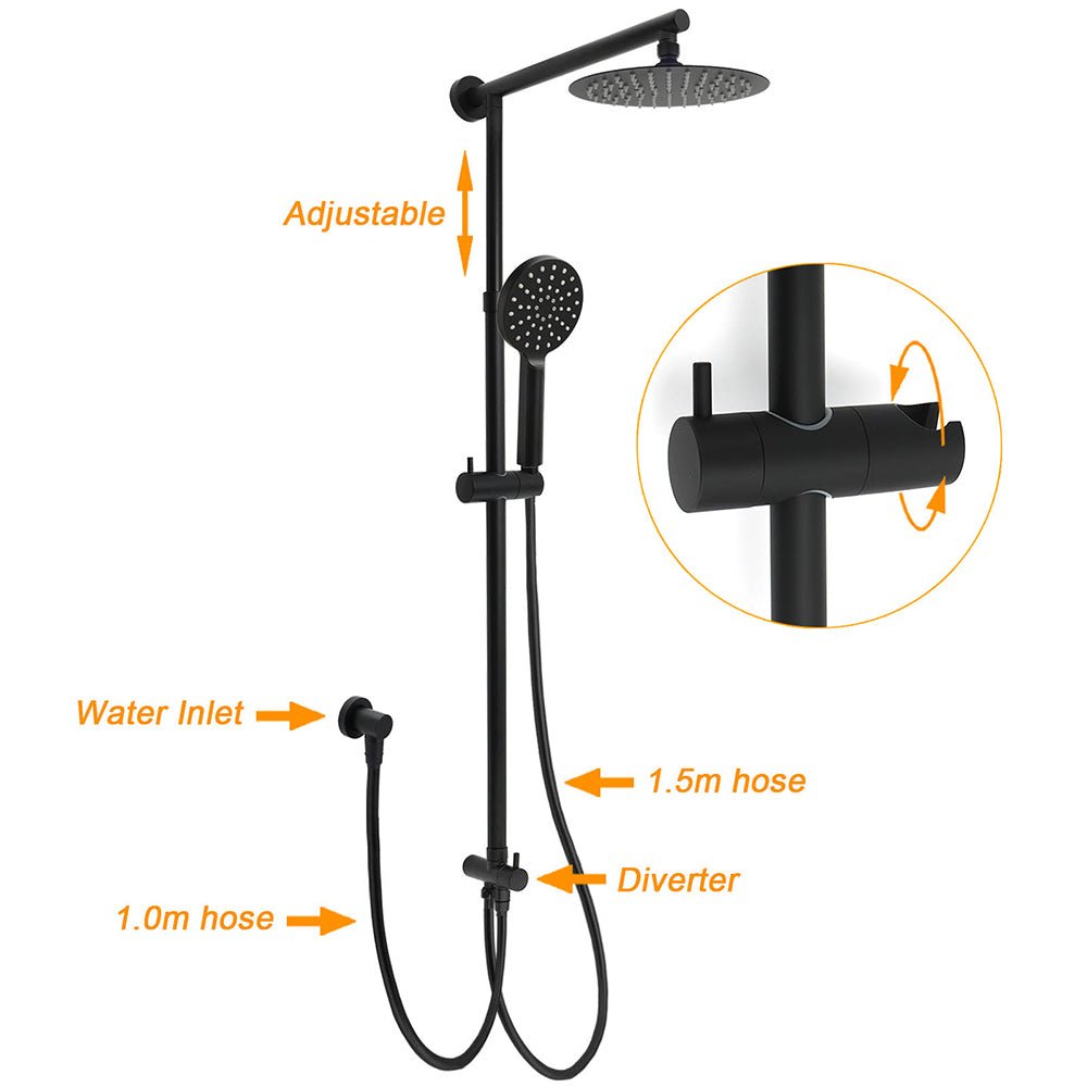 WELS Matt Black Twin Shower 8" Round Head Set 3 Mode Handheld Rose Sliding Rail Elbow Inlet - Furniture > Bathroom > Shower Heads & Screens - Rivercity House & Home Co. (ABN 18 642 972 209) - Affordable Modern Furniture Australia