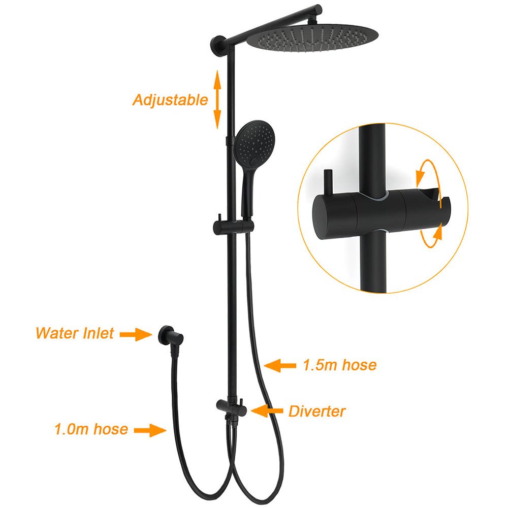 WELS Matte Black 12" 2in1 Round Shower Head Set Handheld Diverter Rail Wall Arm Twin Taps - Furniture > Bathroom > Shower Heads & Screens - Rivercity House & Home Co. (ABN 18 642 972 209) - Affordable Modern Furniture Australia