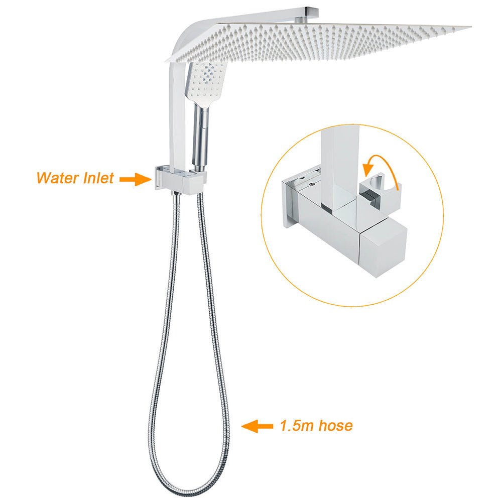 WELS Square Twin Shower Head Chrome 16" Large 3 Mode Handheld Diverter Wall Arm Set - Furniture > Bathroom > Shower Heads & Screens - Rivercity House & Home Co. (ABN 18 642 972 209) - Affordable Modern Furniture Australia