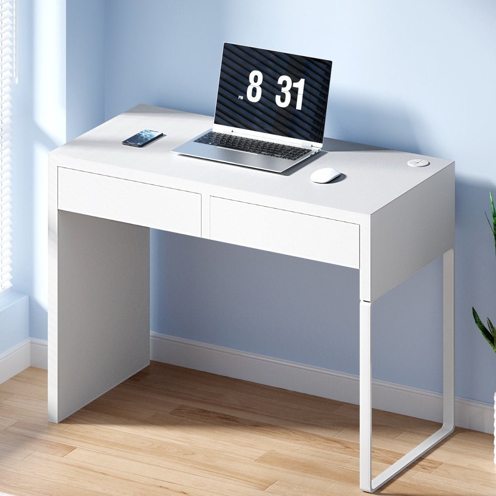 White Computer Desk with 2 Drawers - Furniture - Rivercity House & Home Co. (ABN 18 642 972 209) - Affordable Modern Furniture Australia