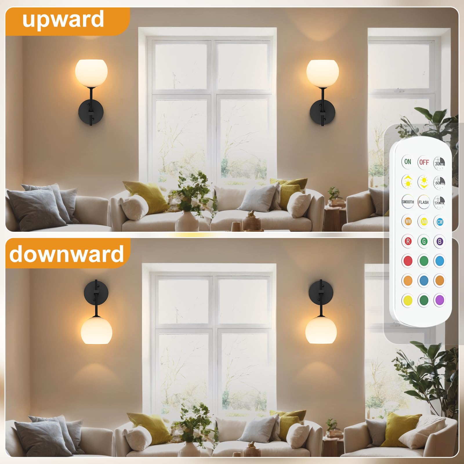 Wireless Battery Operated Wall Sconces Set of 2 with Remote, 12 RGB Colors & 3 CCT, Upward/Downward Installation - Frosted Glass - Home & Garden > Lighting > Wall Lights - Rivercity House & Home Co. (ABN 18 642 972 209) - Affordable Modern Furniture Australia