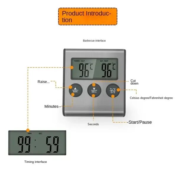 Wireless Digital Meat Thermometer with Probe, Timer & LCD Display for BBQ, Oven & Kitchen - Black - Home & Garden > BBQ > BBQ Tools - Rivercity House & Home Co. (ABN 18 642 972 209) - Affordable Modern Furniture Australia