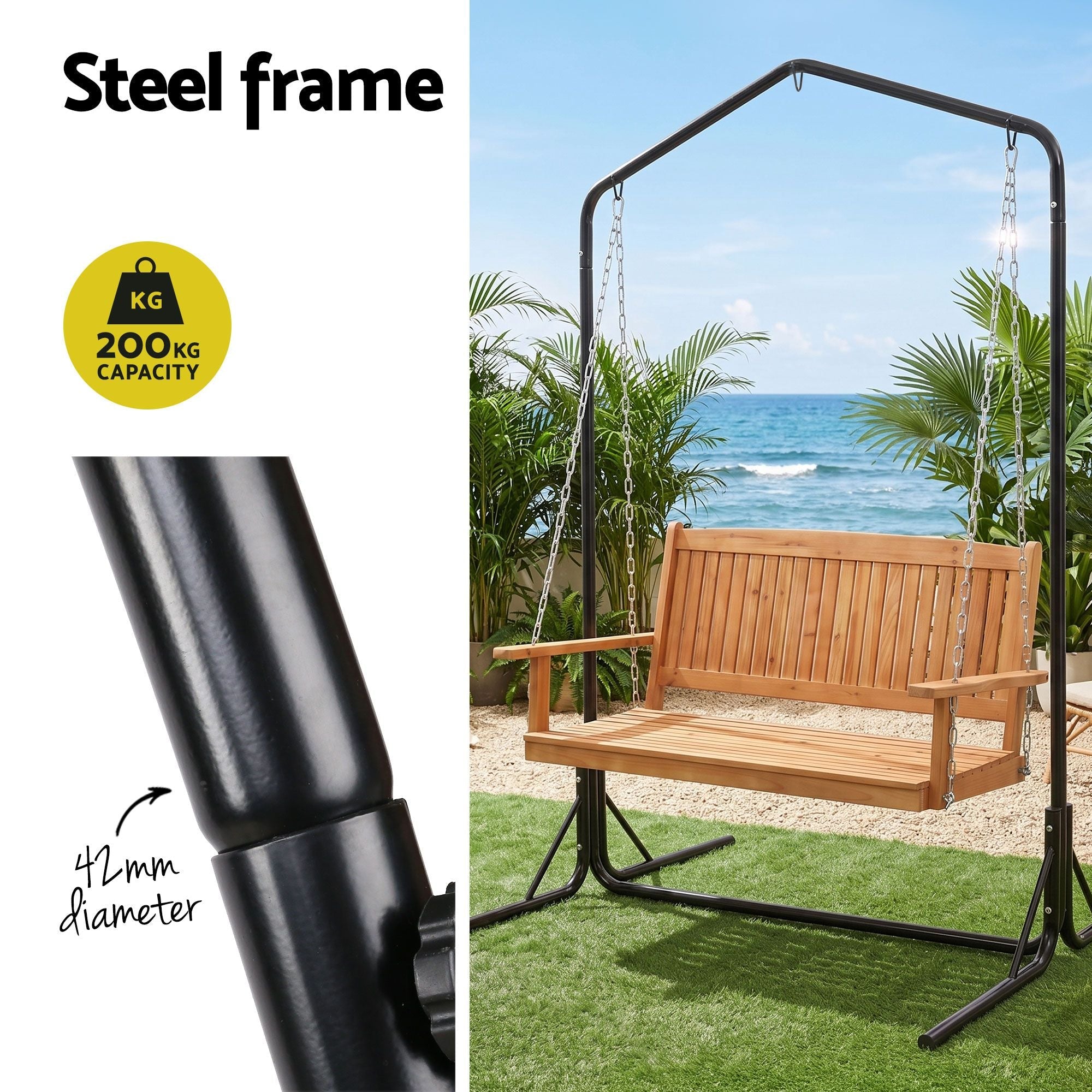 Wooden 2-Seater Outdoor Swing Chair with Black Stand Hanging Chair Patio Furniture - Furniture > Outdoor > Outdoor Chairs - Rivercity House & Home Co. (ABN 18 642 972 209) - Affordable Modern Furniture Australia