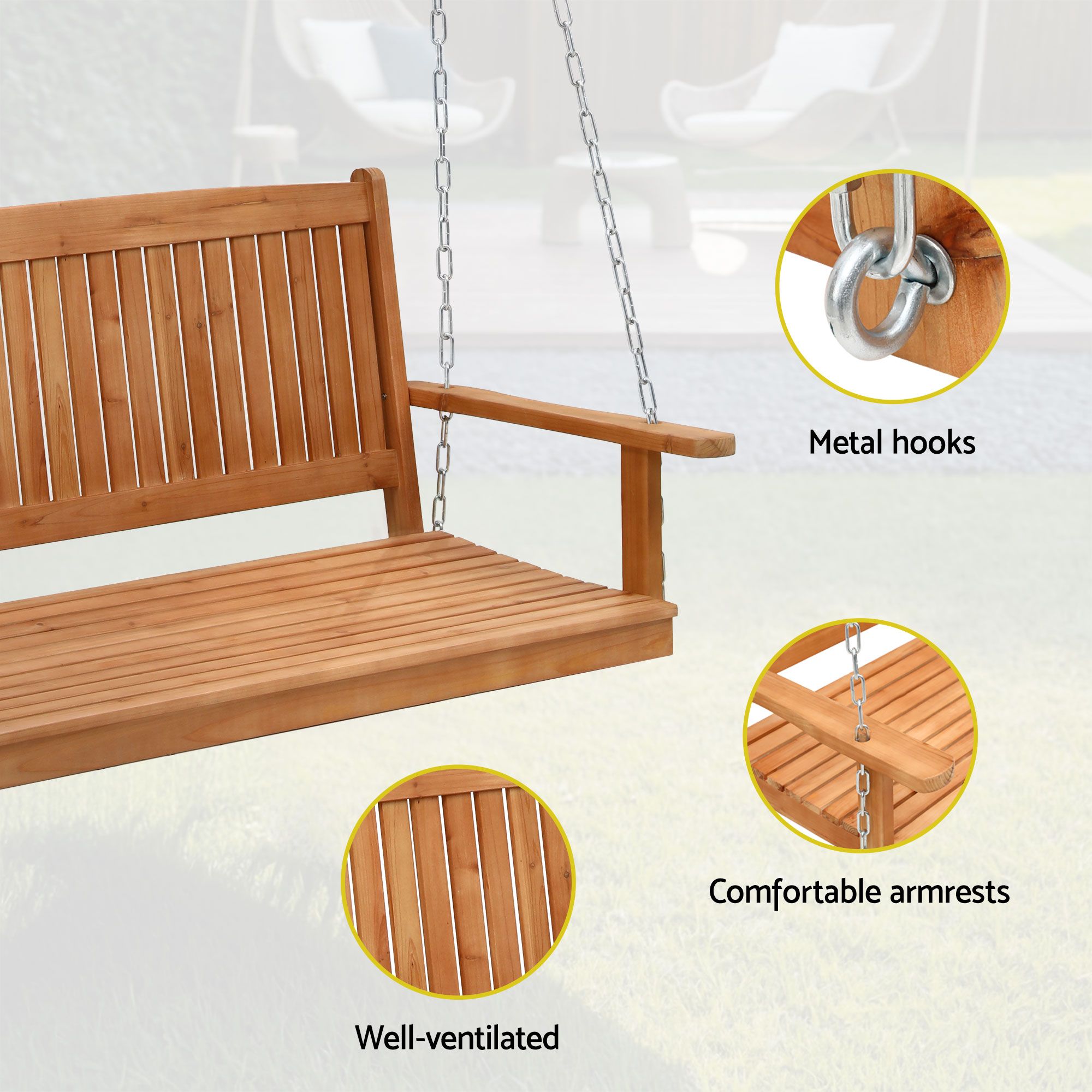 Wooden 2-Seater Outdoor Swing Chair with Black Stand Hanging Chair Patio Furniture - Furniture > Outdoor > Outdoor Chairs - Rivercity House & Home Co. (ABN 18 642 972 209) - Affordable Modern Furniture Australia