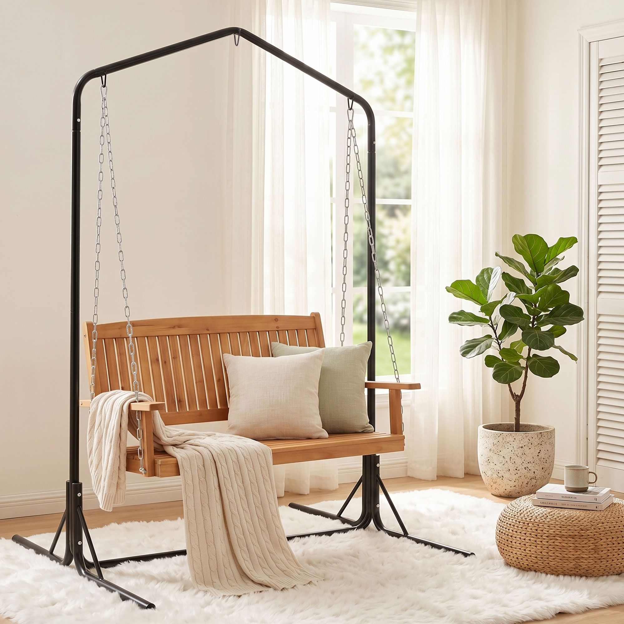 Wooden 2-Seater Outdoor Swing Chair with Black Stand Hanging Chair Patio Furniture - Furniture > Outdoor > Outdoor Chairs - Rivercity House & Home Co. (ABN 18 642 972 209) - Affordable Modern Furniture Australia
