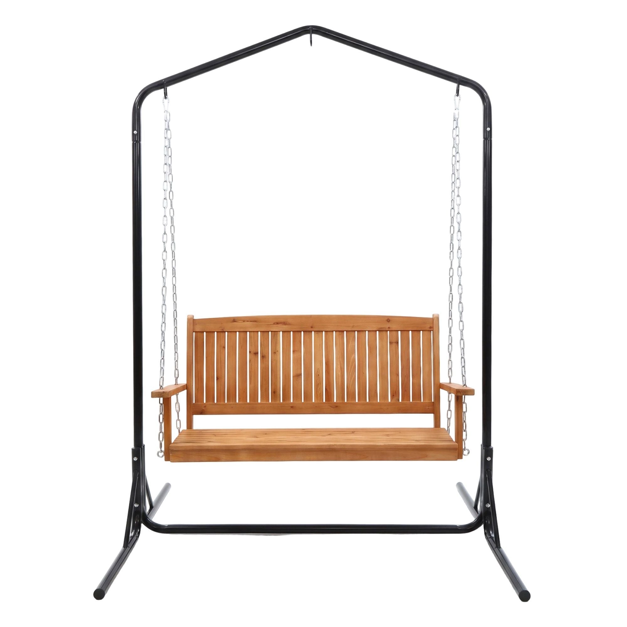 Wooden 2-Seater Outdoor Swing Chair with Black Stand Hanging Chair Patio Furniture - Furniture > Outdoor > Outdoor Chairs - Rivercity House & Home Co. (ABN 18 642 972 209) - Affordable Modern Furniture Australia