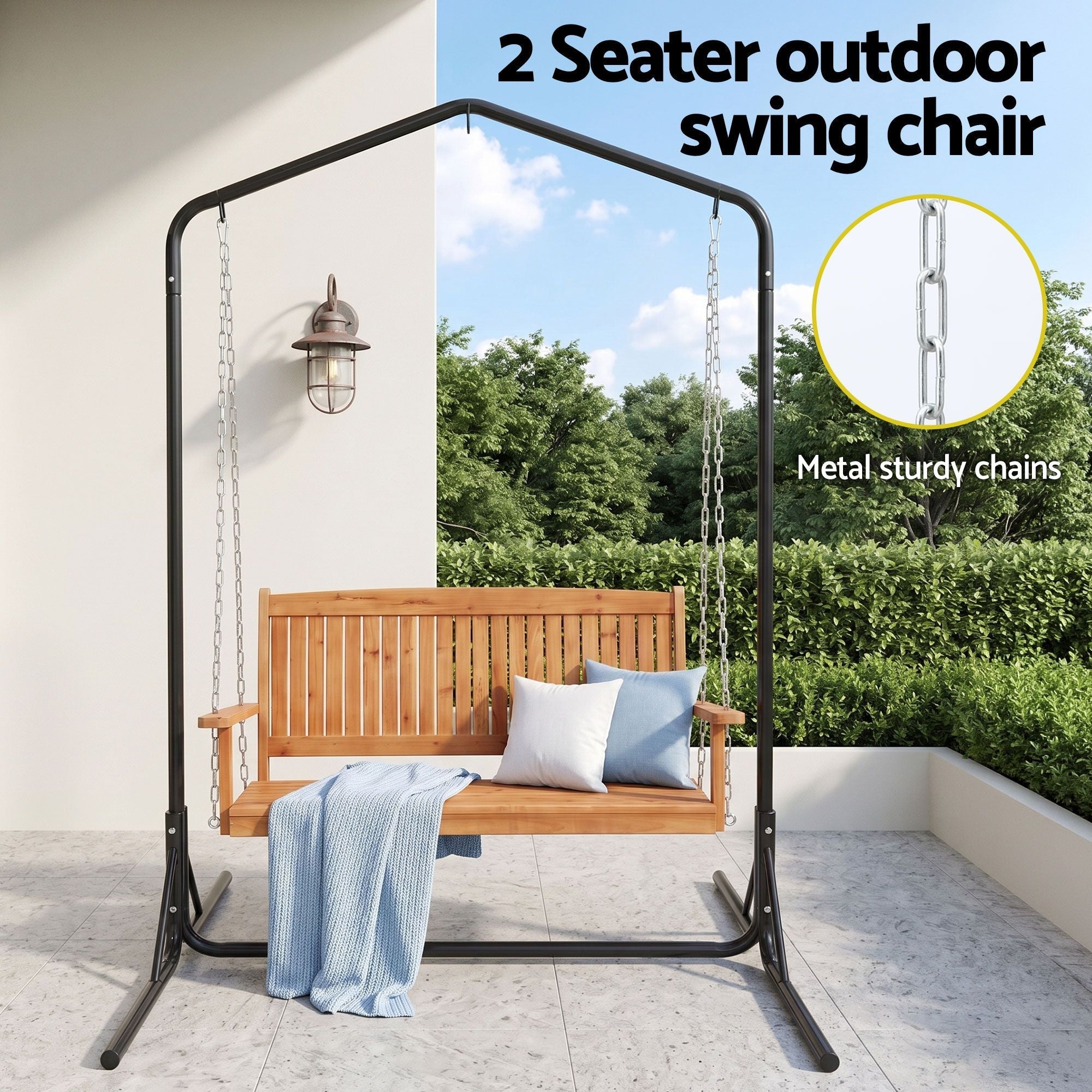 Wooden 2-Seater Outdoor Swing Chair with Black Stand Hanging Chair Patio Furniture - Furniture > Outdoor > Outdoor Chairs - Rivercity House & Home Co. (ABN 18 642 972 209) - Affordable Modern Furniture Australia