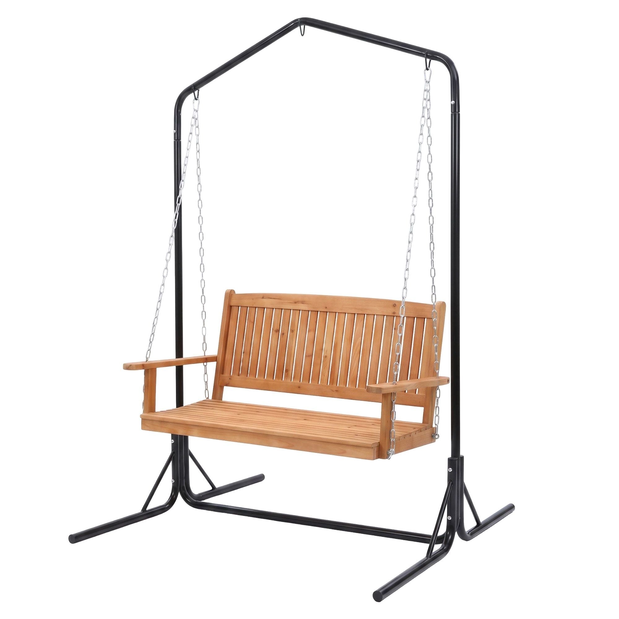 Wooden 2-Seater Outdoor Swing Chair with Black Stand Hanging Chair Patio Furniture - Furniture > Outdoor > Outdoor Chairs - Rivercity House & Home Co. (ABN 18 642 972 209) - Affordable Modern Furniture Australia