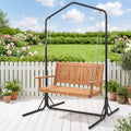 Wooden 2-Seater Outdoor Swing Chair with Black Stand Hanging Chair Patio Furniture