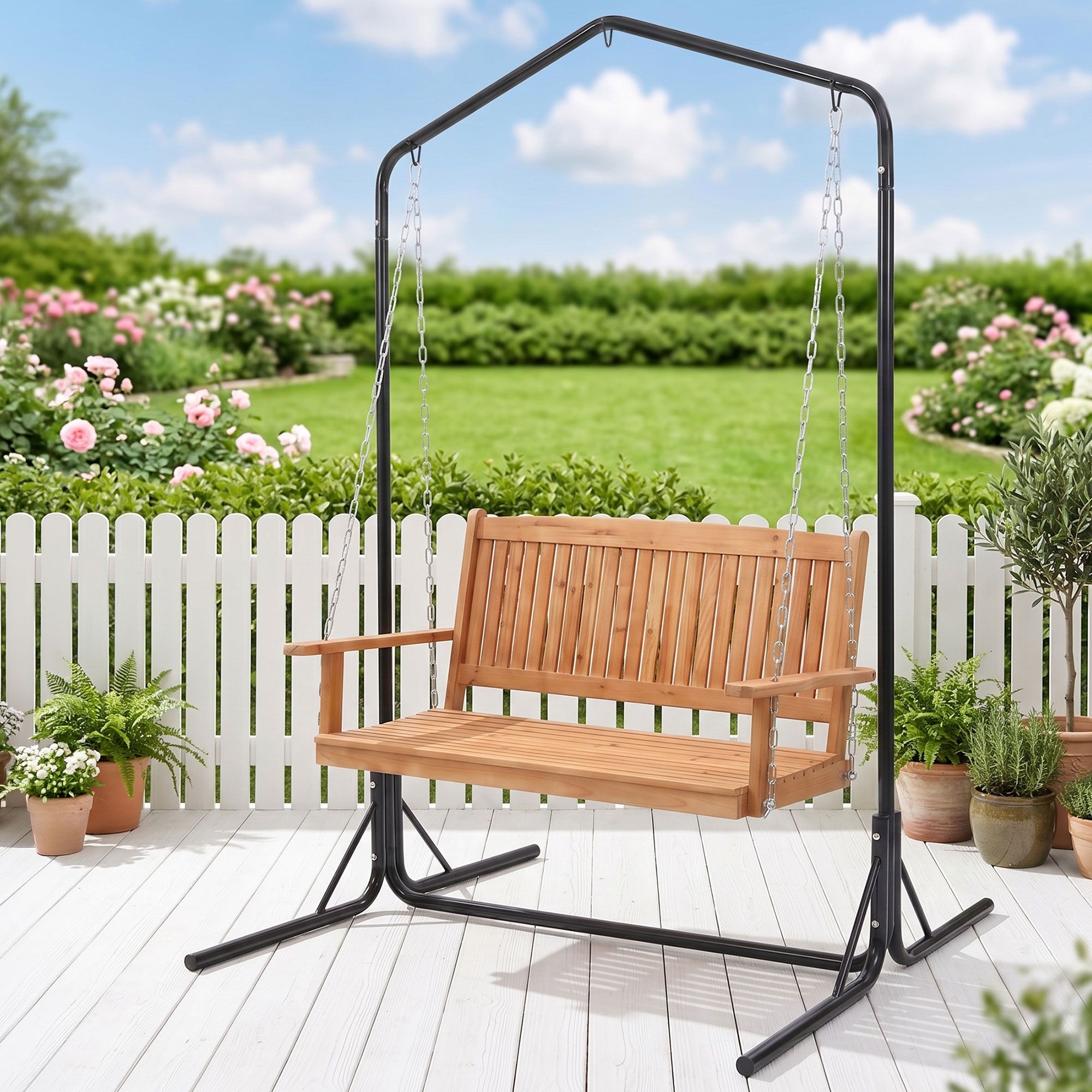 Wooden 2-Seater Outdoor Swing Chair with Black Stand Hanging Chair Patio Furniture - Furniture > Outdoor > Outdoor Chairs - Rivercity House & Home Co. (ABN 18 642 972 209) - Affordable Modern Furniture Australia