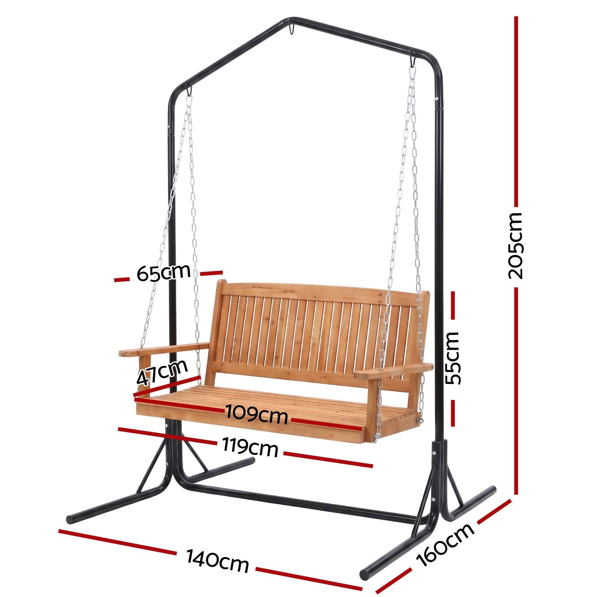 Wooden 2-Seater Outdoor Swing Chair with Black Stand Hanging Chair Patio Furniture - Furniture > Outdoor > Outdoor Chairs - Rivercity House & Home Co. (ABN 18 642 972 209) - Affordable Modern Furniture Australia