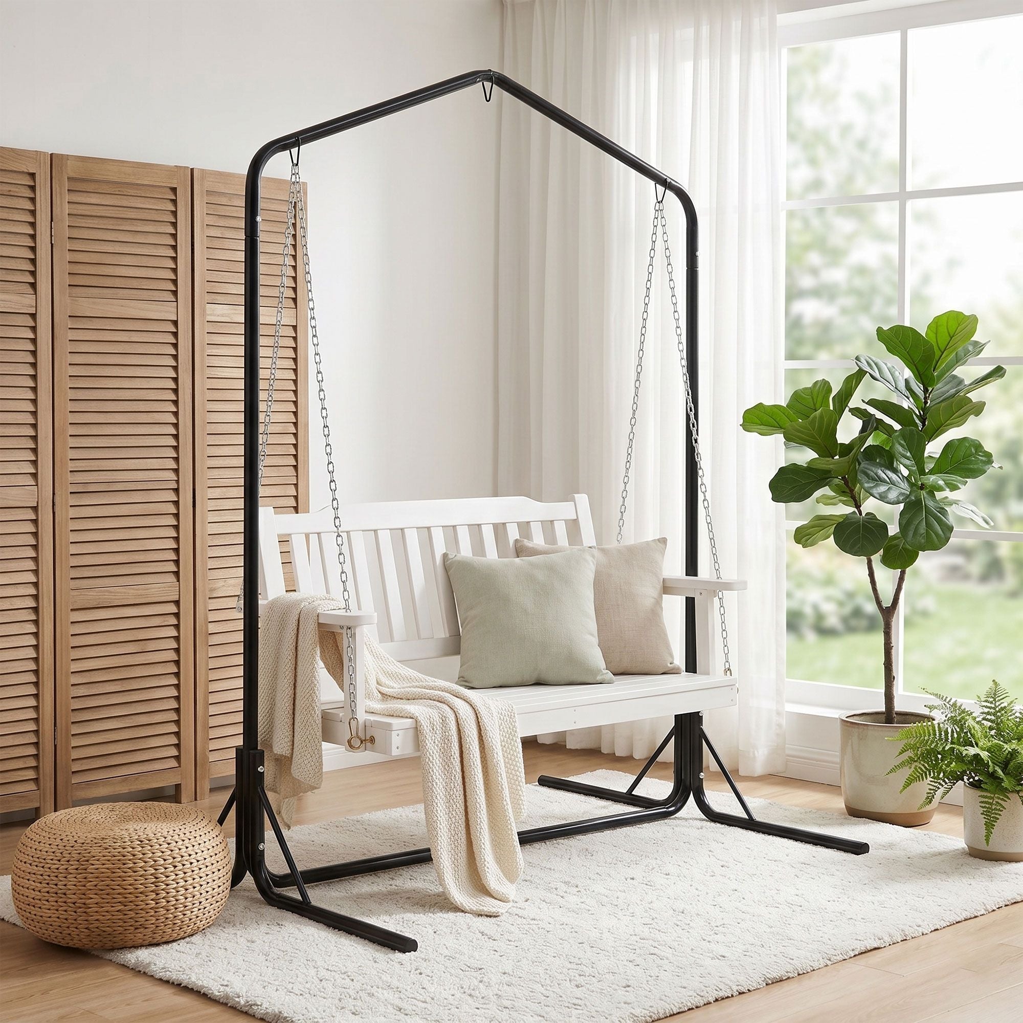 Wooden 2-Seater Outdoor Swing Chair with Black Stand White Hanging Chair - Furniture > Outdoor > Outdoor Chairs - Rivercity House & Home Co. (ABN 18 642 972 209) - Affordable Modern Furniture Australia