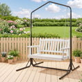 Wooden 2-Seater Outdoor Swing Chair with Black Stand White Hanging Chair