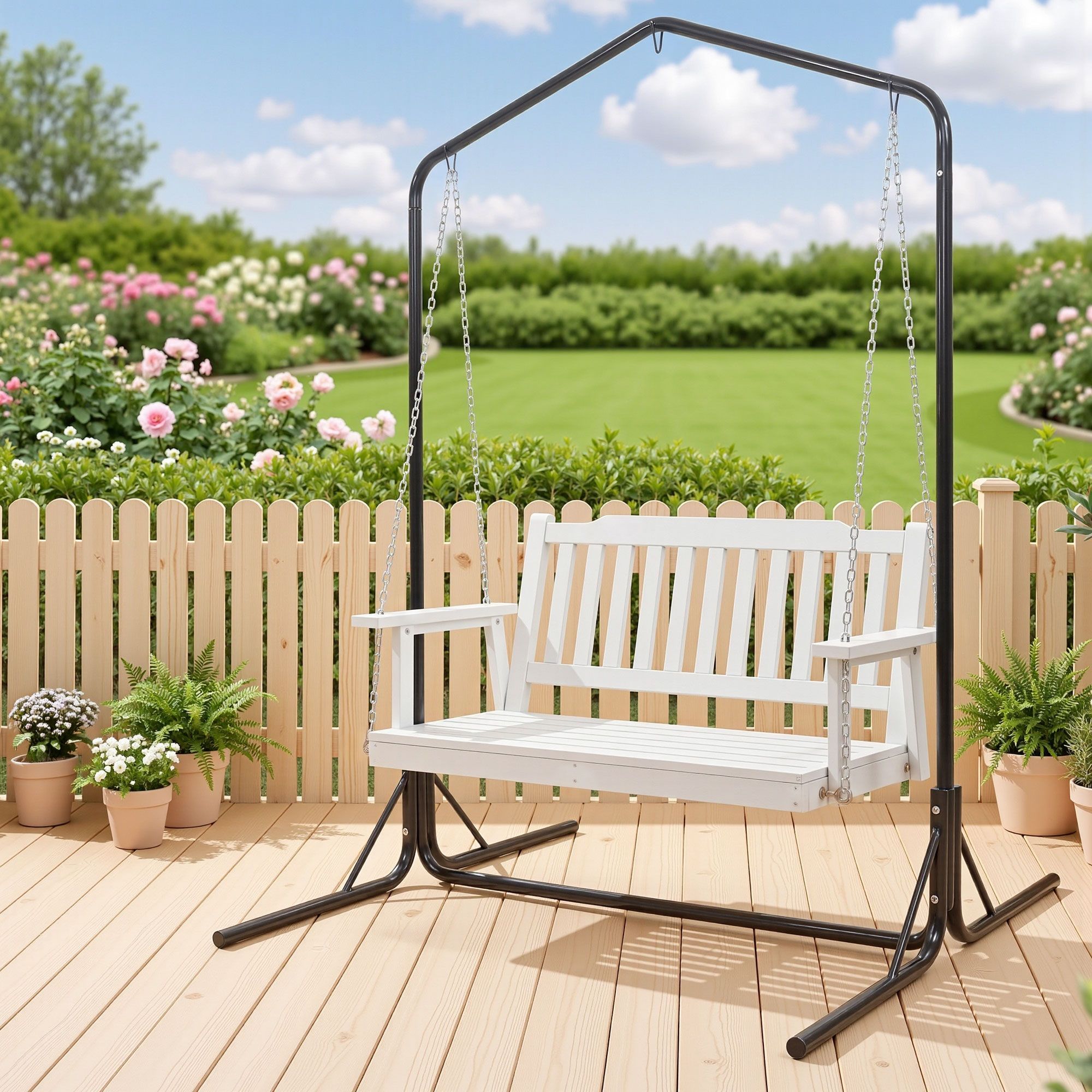 Wooden 2-Seater Outdoor Swing Chair with Black Stand White Hanging Chair - Furniture > Outdoor > Outdoor Chairs - Rivercity House & Home Co. (ABN 18 642 972 209) - Affordable Modern Furniture Australia