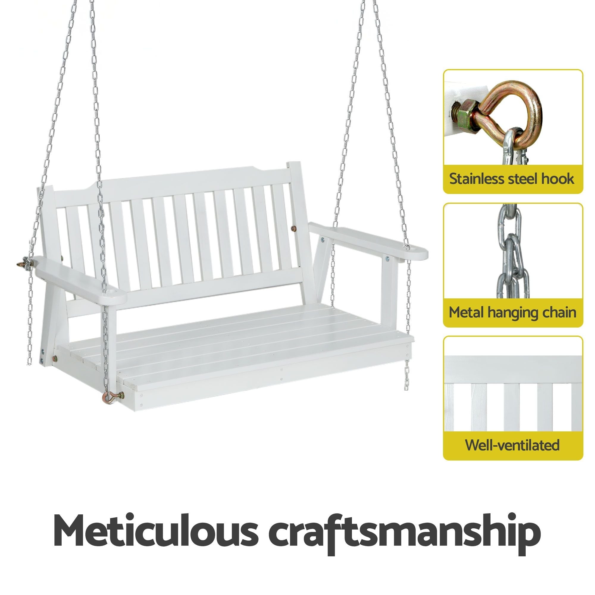 Wooden 2-Seater Outdoor Swing Chair with Black Stand White Hanging Chair - Furniture > Outdoor > Outdoor Chairs - Rivercity House & Home Co. (ABN 18 642 972 209) - Affordable Modern Furniture Australia