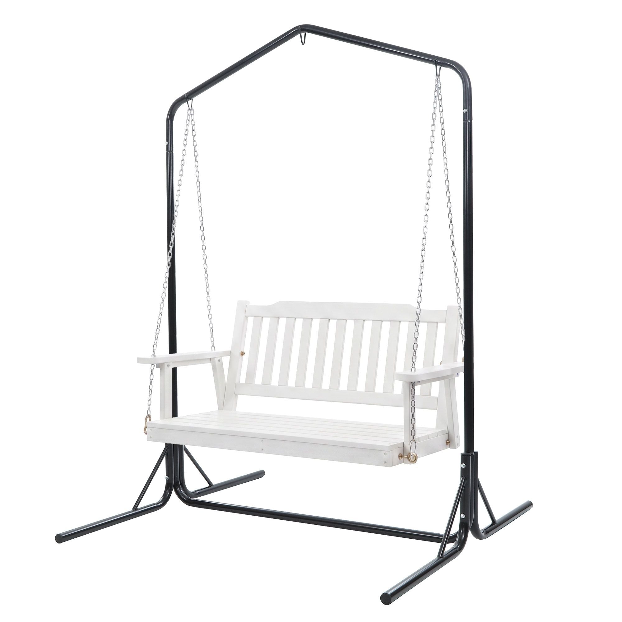 Wooden 2-Seater Outdoor Swing Chair with Black Stand White Hanging Chair - Furniture > Outdoor > Outdoor Chairs - Rivercity House & Home Co. (ABN 18 642 972 209) - Affordable Modern Furniture Australia