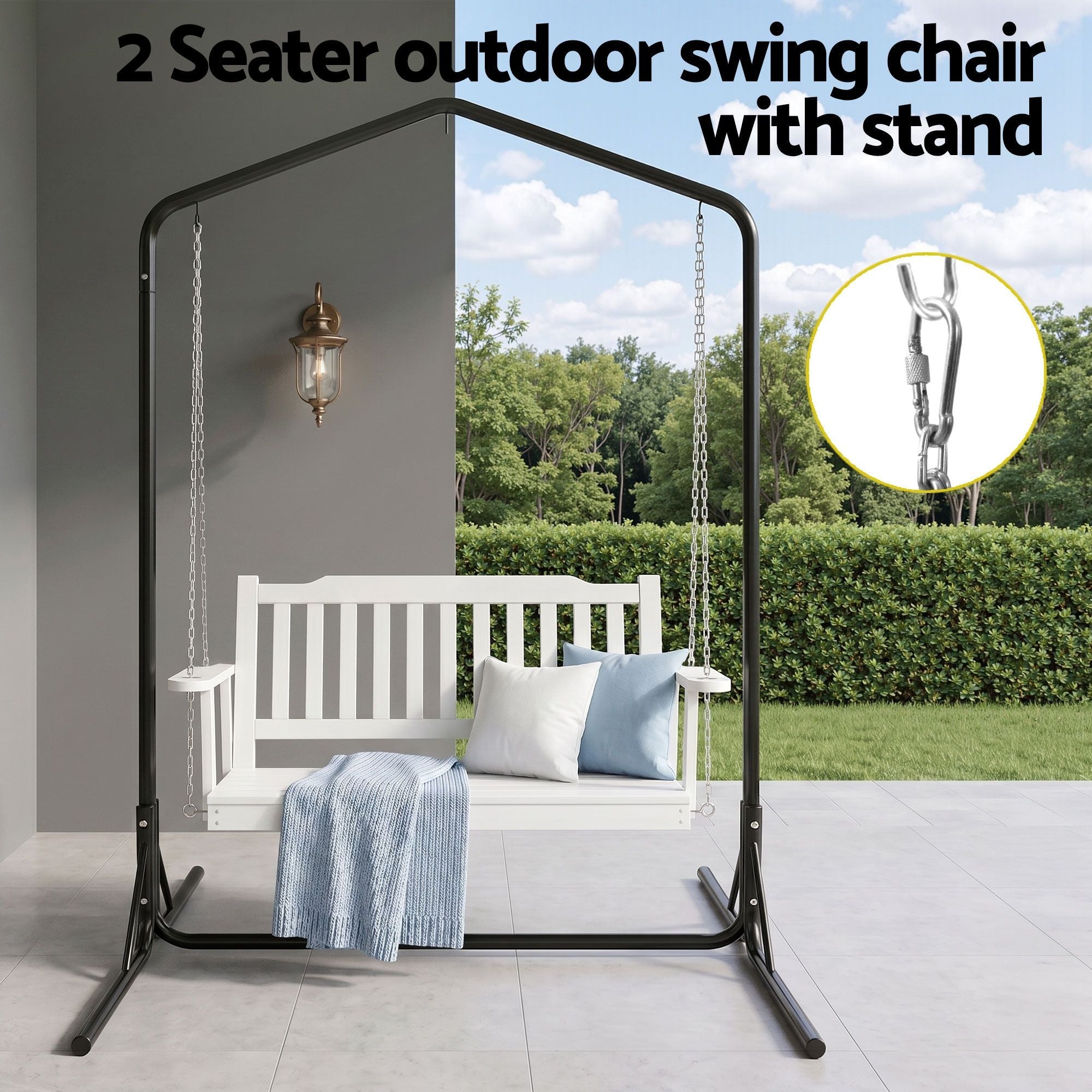 Wooden 2-Seater Outdoor Swing Chair with Black Stand White Hanging Chair - Furniture > Outdoor > Outdoor Chairs - Rivercity House & Home Co. (ABN 18 642 972 209) - Affordable Modern Furniture Australia