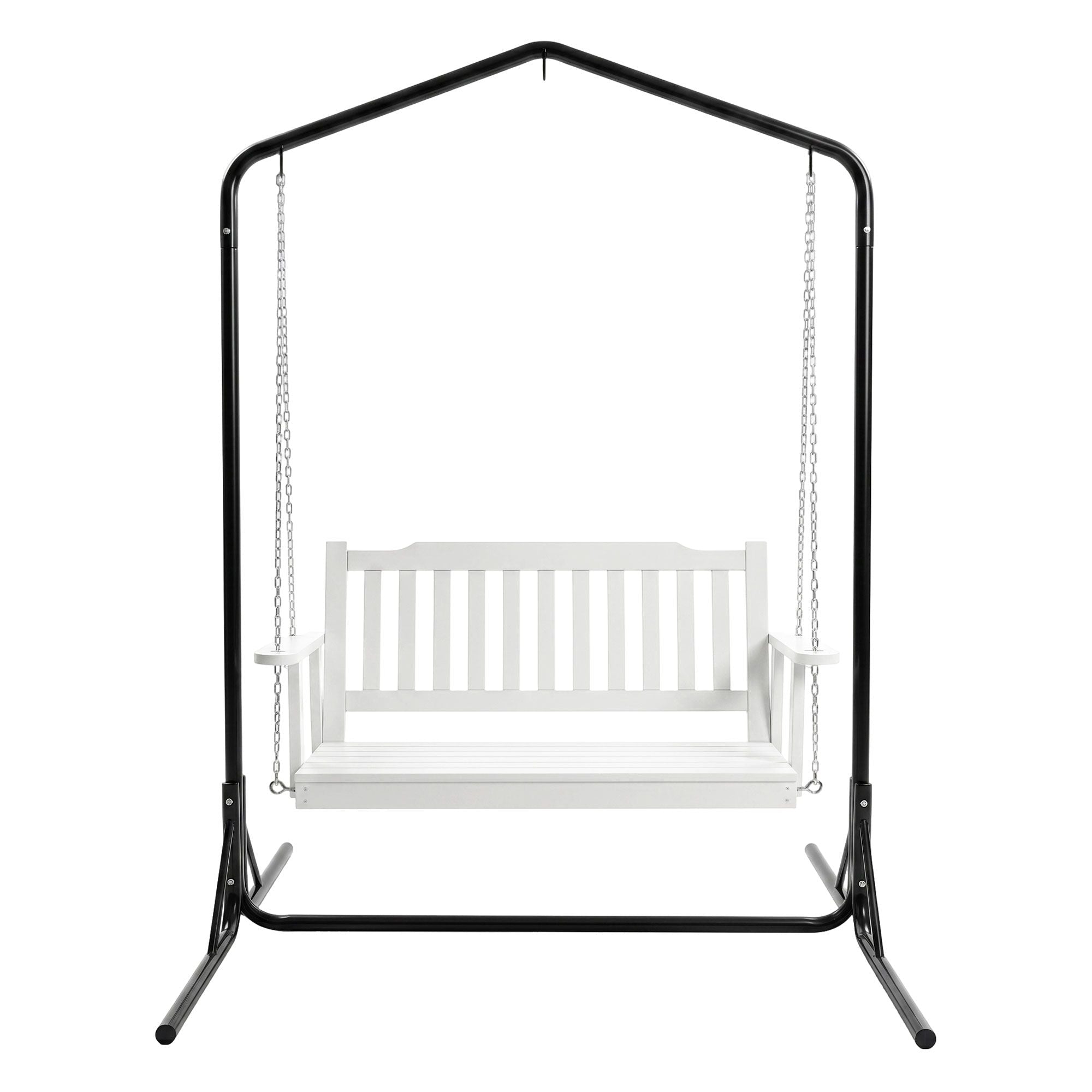 Wooden 2-Seater Outdoor Swing Chair with Black Stand White Hanging Chair - Furniture > Outdoor > Outdoor Chairs - Rivercity House & Home Co. (ABN 18 642 972 209) - Affordable Modern Furniture Australia