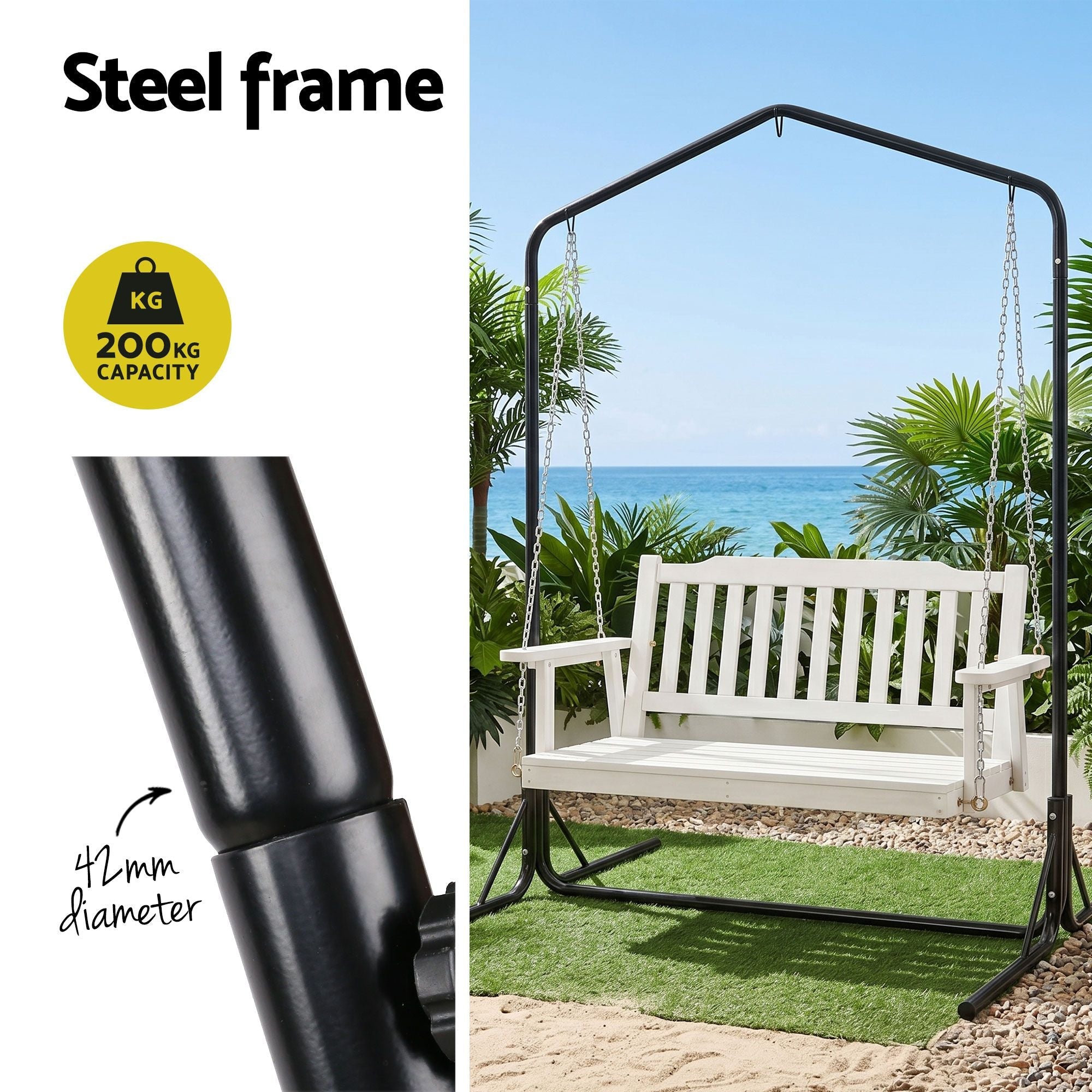 Wooden 2-Seater Outdoor Swing Chair with Black Stand White Hanging Chair - Furniture > Outdoor > Outdoor Chairs - Rivercity House & Home Co. (ABN 18 642 972 209) - Affordable Modern Furniture Australia