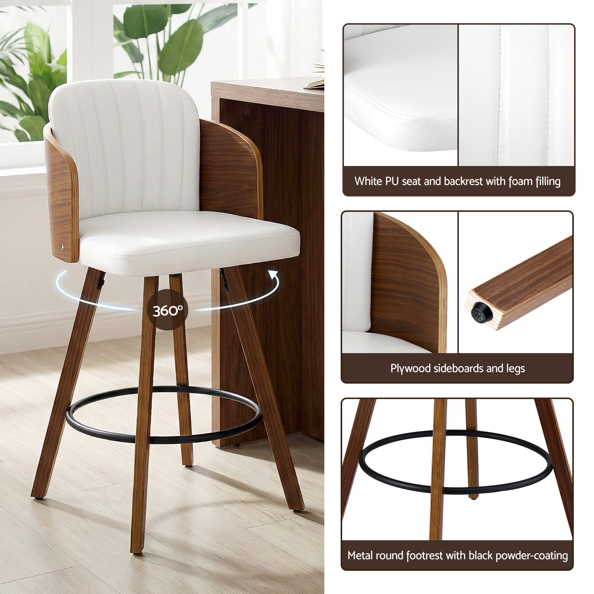 Wooden Bar Stools Swivel Kitchen Counter Stool Chair 58cm Seat Height - Furniture > Bar Stools & Chairs > Table & Bar Stools - Rivercity House & Home Co. (ABN 18 642 972 209) - Affordable Modern Furniture Australia