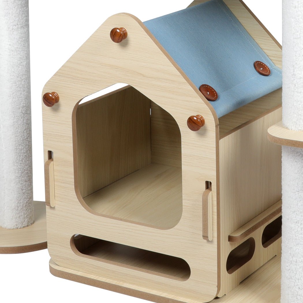 Wooden Cat Tree with Scratching Posts and Toys - Natural - Rivercity House & Home Co. (ABN 18 642 972 209) - Affordable Modern Furniture Australia