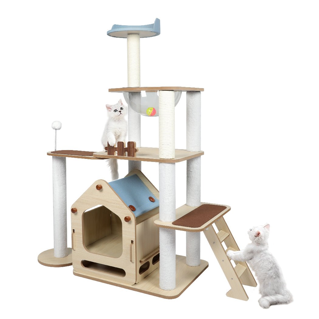 Wooden Cat Tree with Scratching Posts and Toys - Natural - Rivercity House & Home Co. (ABN 18 642 972 209) - Affordable Modern Furniture Australia