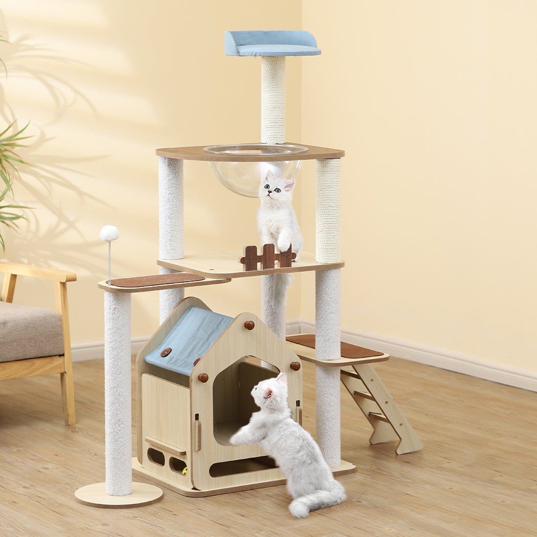 Wooden Cat Tree with Scratching Posts and Toys - Natural - Rivercity House & Home Co. (ABN 18 642 972 209) - Affordable Modern Furniture Australia