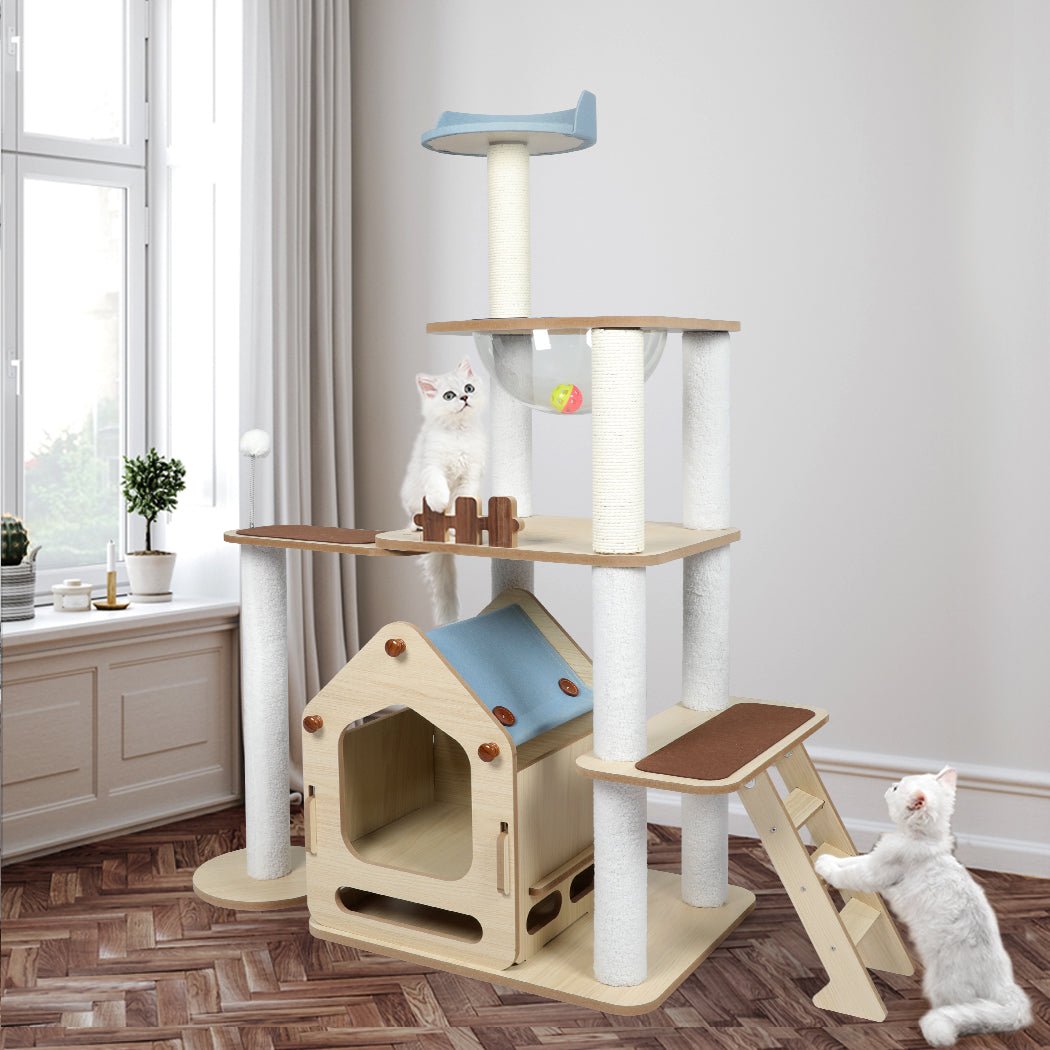 Wooden Cat Tree with Scratching Posts and Toys - Natural - Rivercity House & Home Co. (ABN 18 642 972 209) - Affordable Modern Furniture Australia