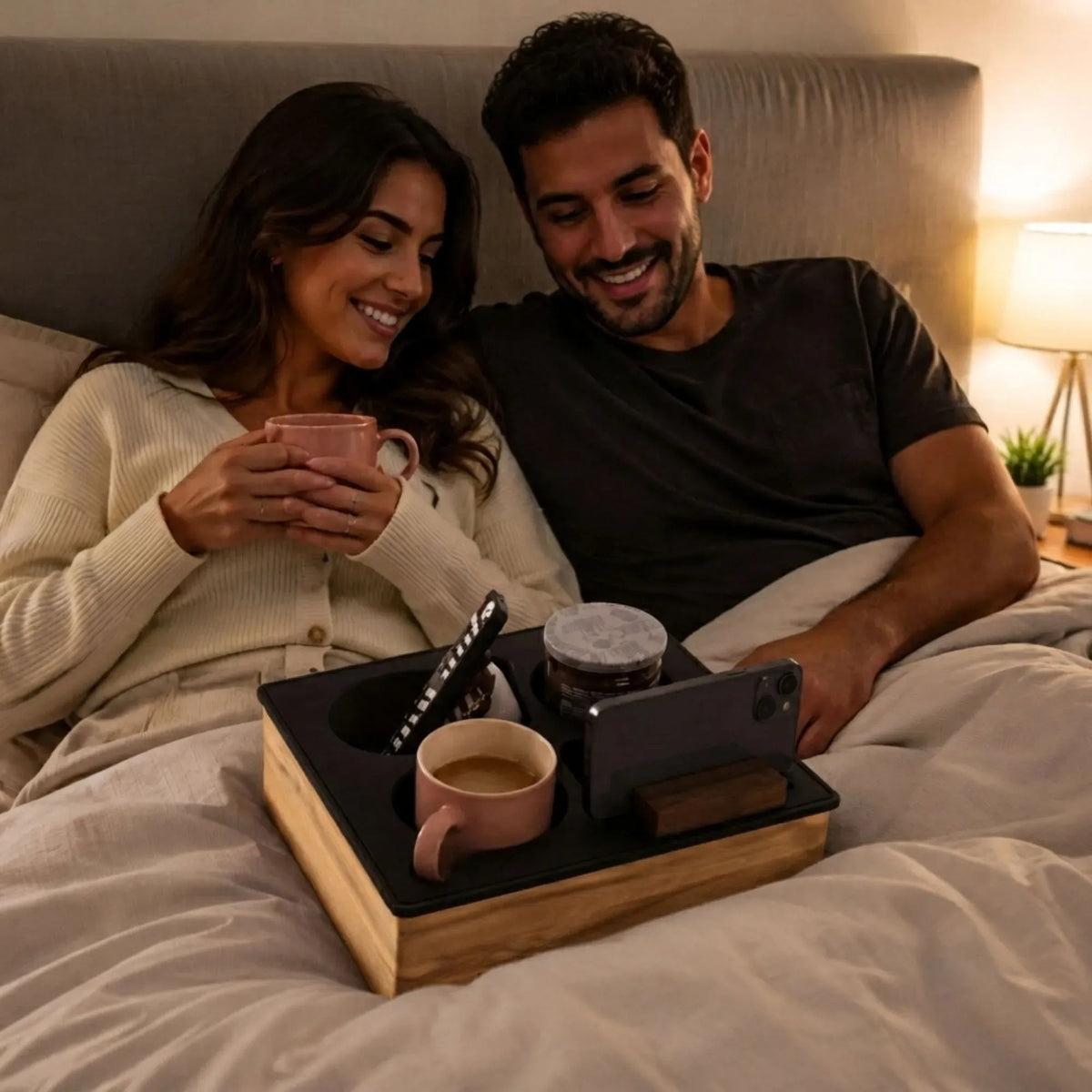 Wooden Couch Cup Holder Tray with Silicone Insert and Phone Stand 25cm - Natural - Furniture > Sofas > Sofa Accessories - Rivercity House & Home Co. (ABN 18 642 972 209) - Affordable Modern Furniture Australia