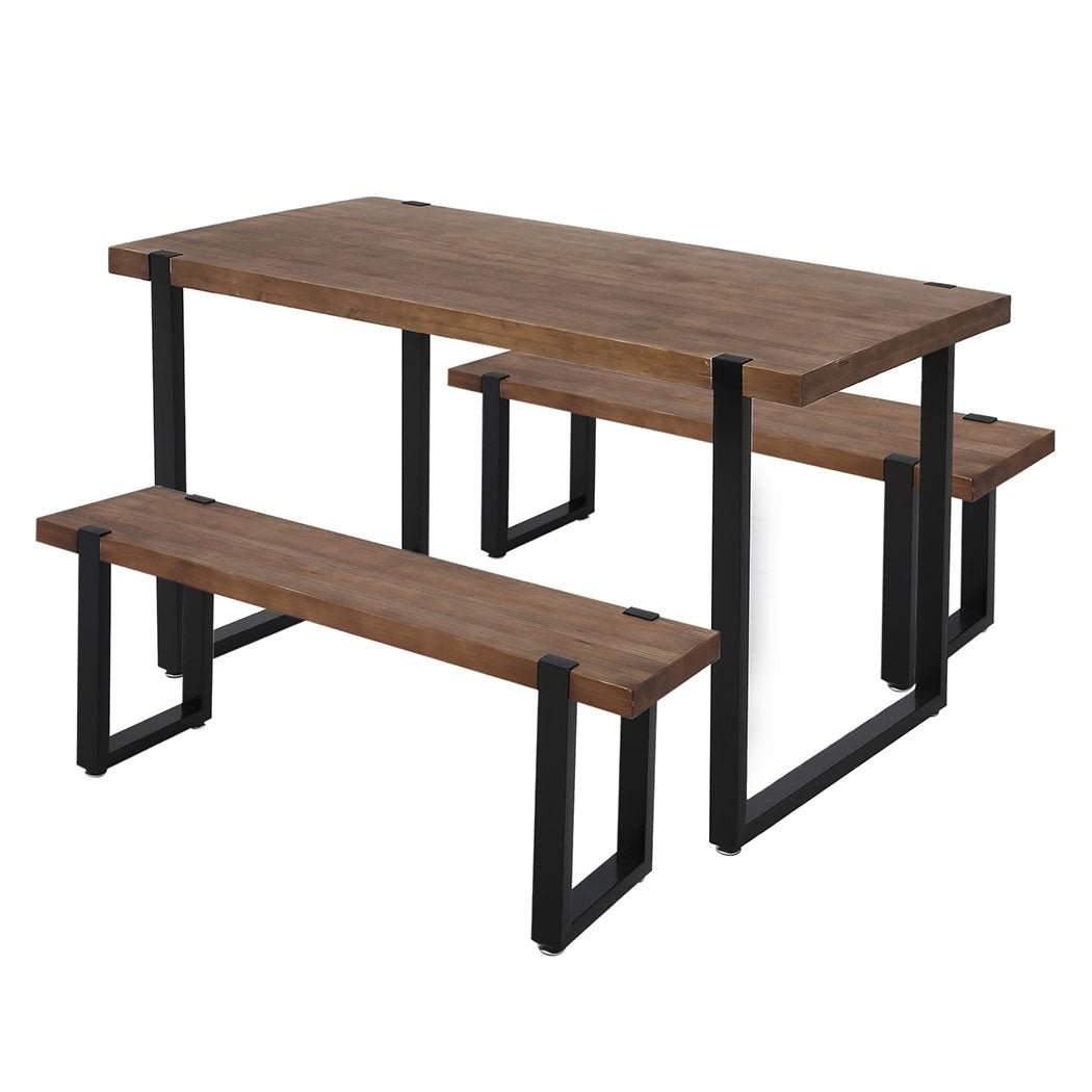 Wooden Dining Set with 1 Table and 2 Benches - Brown - Rivercity House & Home Co. (ABN 18 642 972 209) - Affordable Modern Furniture Australia